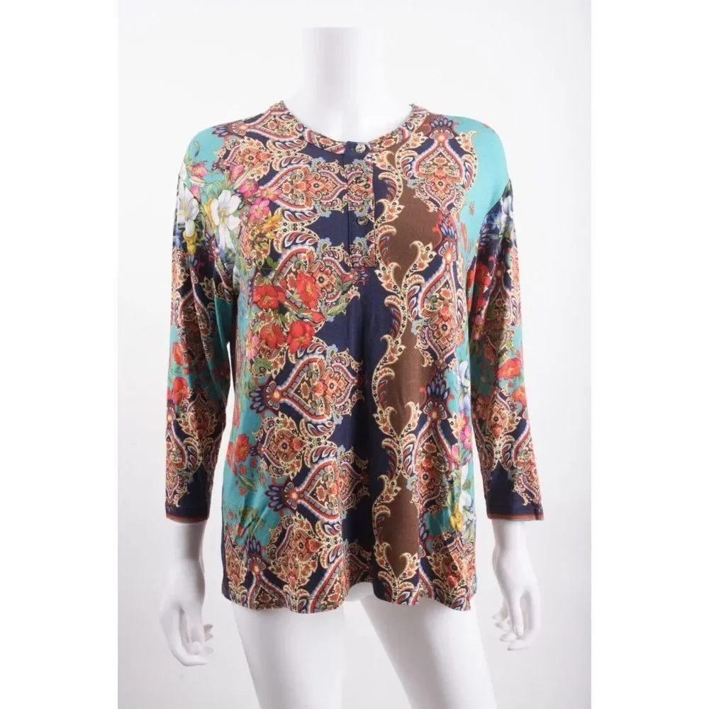 Johnny Was Womens Indi Floral Henley T-Shirt Top Shirt S Small Multicolor NWOT